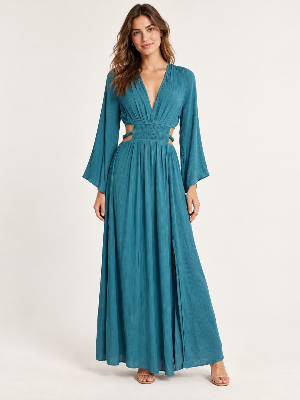 Justify teal long-sleeve maxi dress plunging V-neck and stylish side small d6